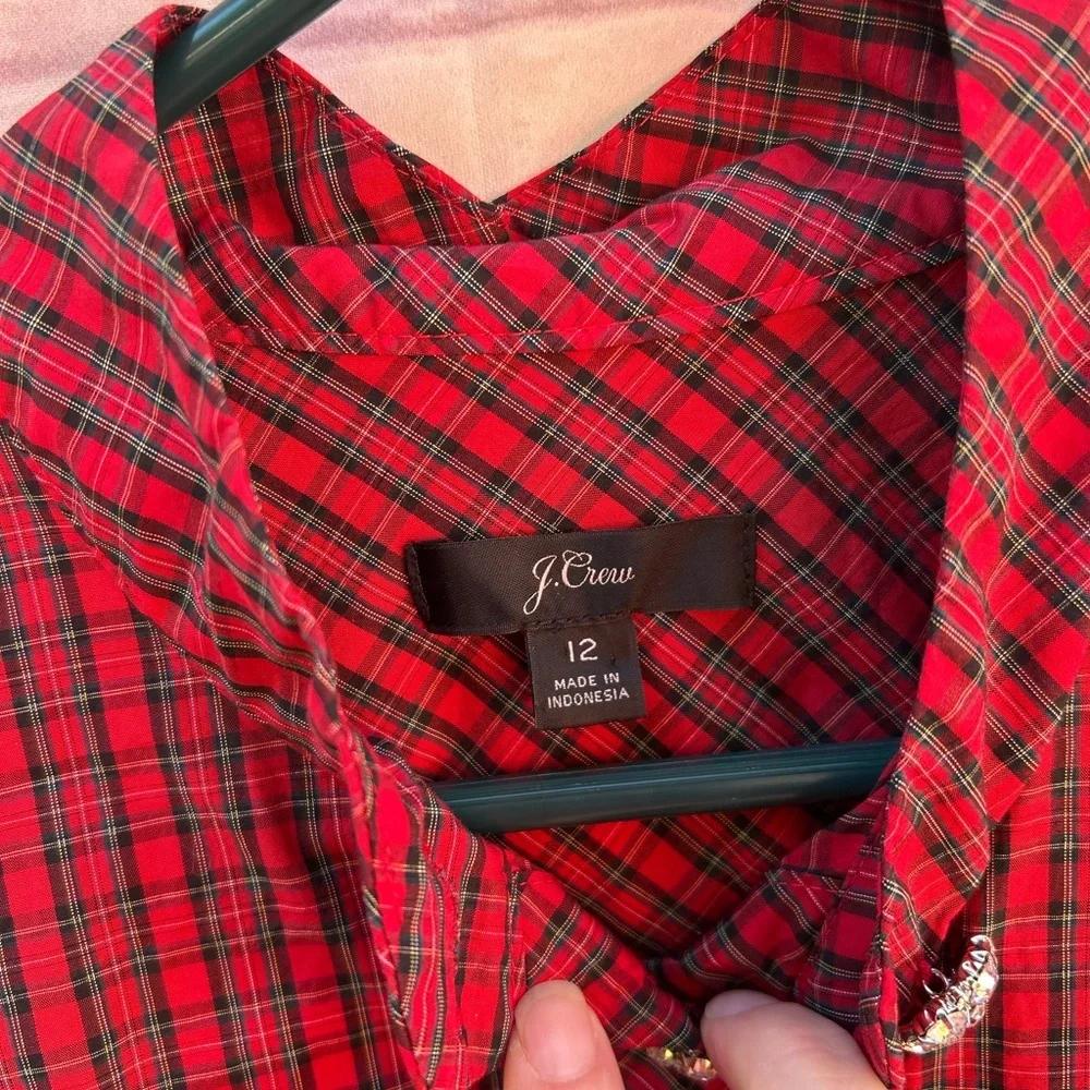 J. Crew size 12 Jeweled button popover tunic red checkered plaid preppy holidays